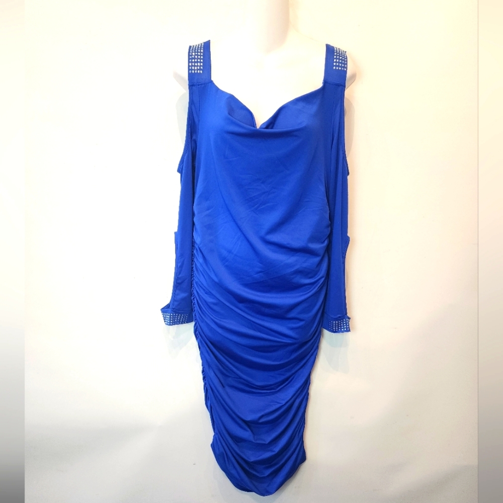 New Blue Sexy Bodycon Dress Cold Shoulder‎ Party Dress Rhinestones Size XL
